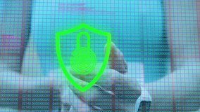 Woman raising wrist tapping phone on desk showing shield icon and tracking social media engagement. Cybersecurity, digitalinterface, technology, dataanalytics, innovation, remotework, futuristic - Powered by Shutterstock - Get 15% off with code: PIKWIZARD15