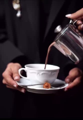 A cozy cafe scene featuring a woman holding a cup while hot chocolate is being poured. A delicate mini croissant sits on the saucer. Ideal for food, lifestyle, and café content.