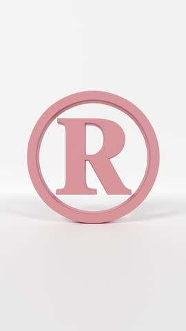 4K Portrait Loop Video: Rotating 3D Registered Symbol Icon in Coral Red on White Stage – Trademark and Branding Concept
