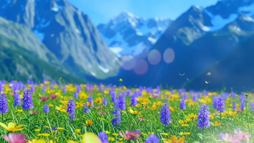summer mountain scenery with fields of flowers and butterflies