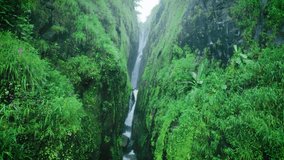 4K Aerial shot of Saatsada waterfall flowing in narrow valley of Sahyadri Hills in Maharashtra, India. Waterfall flowing between two mountain creek during monsoon. Scenic nature view. - Powered by Shutterstock - Get 15% off with code: PIKWIZARD15