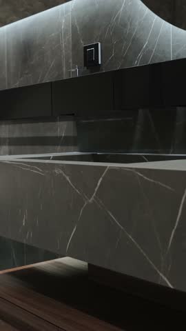 Bathroom sink with black marble and white lines and wooden cabinet. Luxury Modern House Interior.
