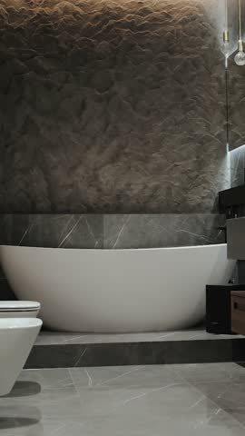  Vertical screen: a luxurious soaking tub in a contemporary bathroom design with sleek black tones and marble accents