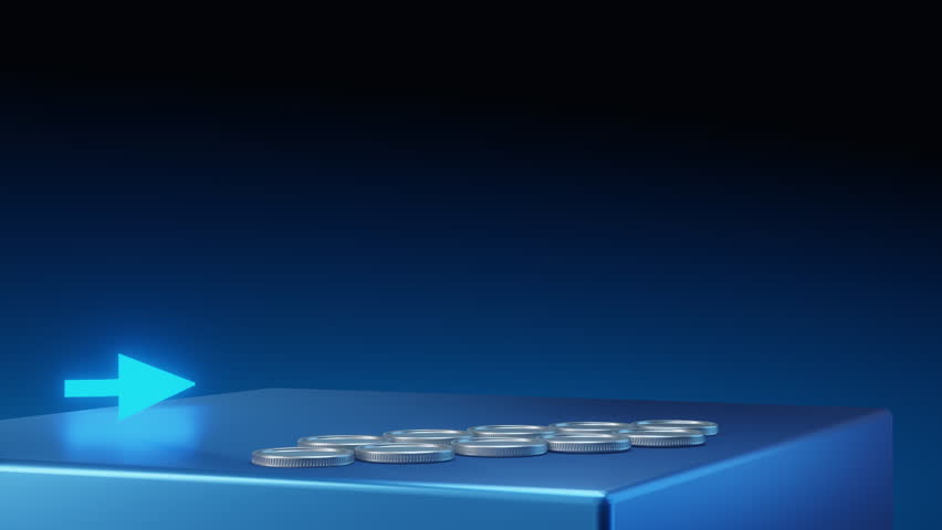 Animation of stacks of coins with percent symbols and a growing bar graph showing financial success and rising interest rates