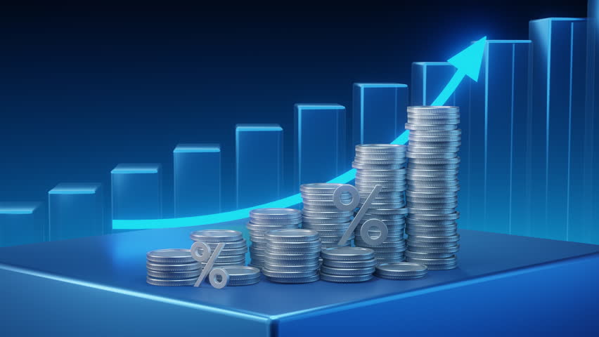 Animation of stacks of coins with percent symbols and a growing bar graph showing financial success and rising interest rates