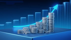 Animation of stacks of coins with percent symbols and a growing bar graph showing financial success and rising interest rates - Powered by Shutterstock - Get 15% off with code: PIKWIZARD15
