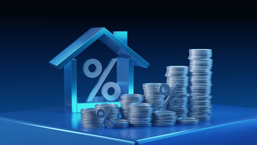 Housing finance concept with percentage sign and stacks of coins representing interest rates and property investment