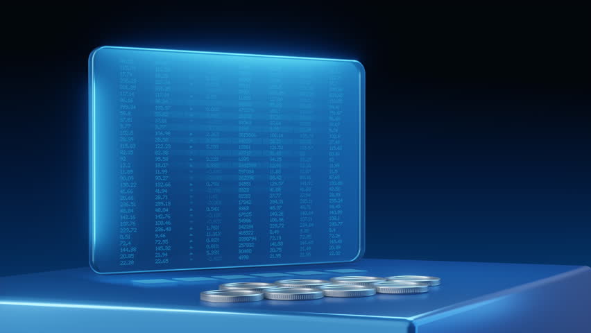 Stacks of coins in front of a dynamic digital display showing financial data charts and graphs indicating growth success investment and prosperity.
