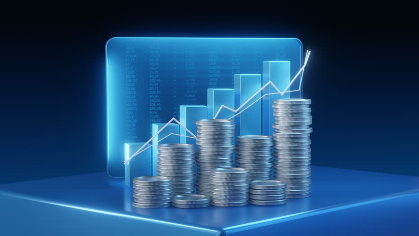 Stacks of coins in front of a dynamic digital display showing financial data charts and graphs indicating growth success investment and prosperity.