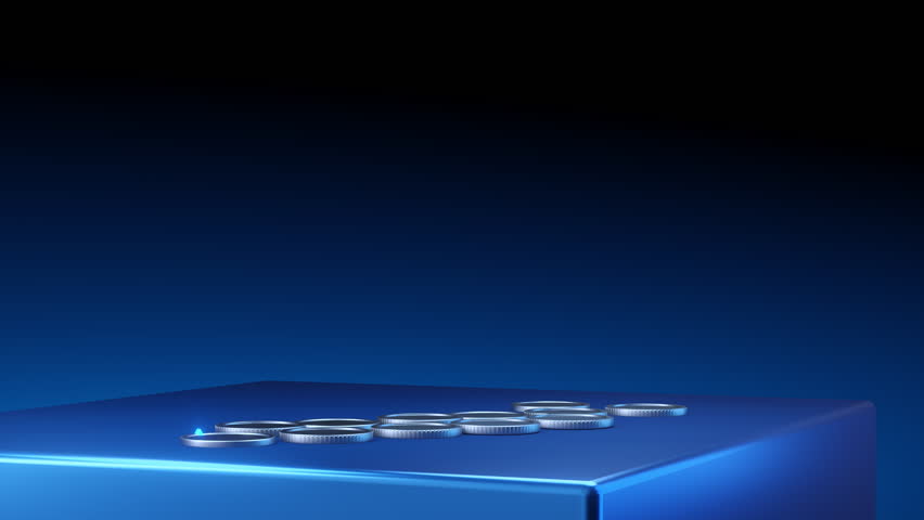 Stacks of silver coins with glowing blue arrows rising symbolizing financial growth success and investment increase on a dark blue platform.