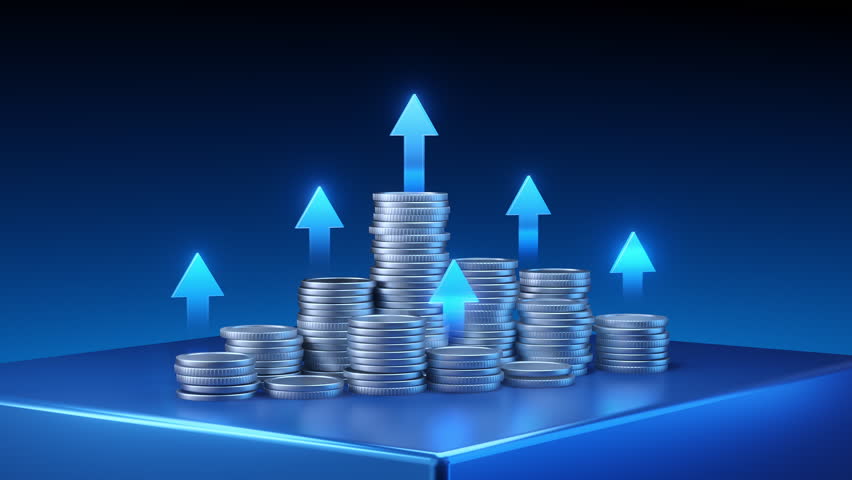 Stacks of silver coins with glowing blue arrows rising symbolizing financial growth success and investment increase on a dark blue platform.