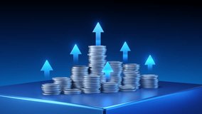 Stacks of silver coins with glowing blue arrows rising symbolizing financial growth success and investment increase on a dark blue platform. - Powered by Shutterstock - Get 15% off with code: PIKWIZARD15
