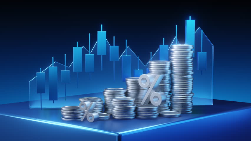 Abstract financial background with stacks of coins percentage symbols and a glowing candlestick chart visualizing investment growth and interest rates.