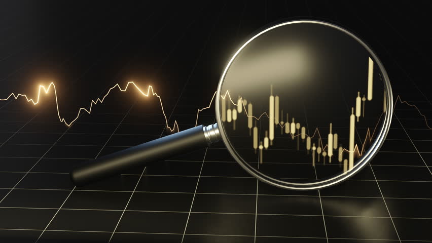 A magnifying glass examines dynamic financial data on a gold market chart visualizing investment trends and analysis.