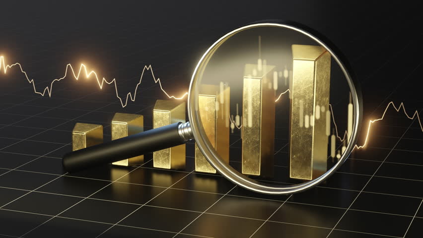 A magnifying glass examines dynamic financial data on a gold market chart visualizing investment trends and analysis.