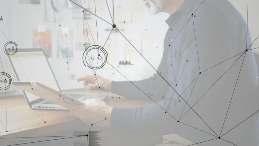 Designer typing on laptop starting data overlay pulsing while tapping tablet for data visualization. Technology, innovation, workspace, digital, analytics, productivity, modern - Powered by Shutterstock - Get 15% off with code: PIKWIZARD15