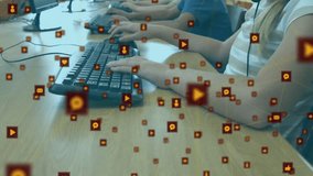 Students in lab typing and generating social media icons swirling around smiling girl for education. Technology, learning, communication, teamwork, digital, education, youth - Powered by Shutterstock - Get 15% off with code: PIKWIZARD15