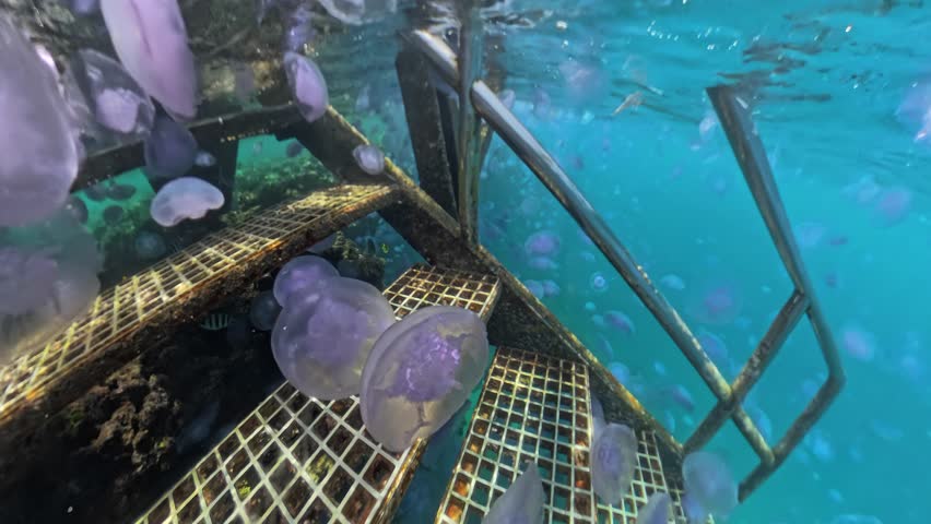 Underwater video showing thousands of jellyfish (jellyfish bloom) in the Red Sea, Egypt - by the steps leading down to the sea
