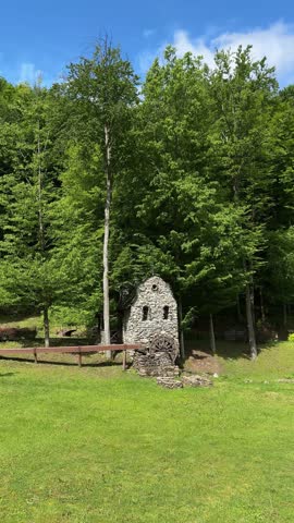 stone house in the distance against the backdrop of a green forest