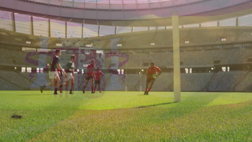 Red-jersey ball carrier receiving pass, charging defenders, then grounding rugby ball over try line. Athletes, competition, sport, outdoor, energetic, teamwork, athleticism - Powered by Shutterstock - Get 15% off with code: PIKWIZARD15