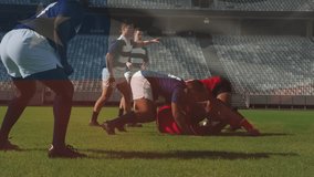 Following tackle on rugby pitch, red forward securing possession lifting ball from ruck and passing. Athletic, competition, teamwork, intensity, strategy, sport, outdoor - Powered by Shutterstock - Get 15% off with code: PIKWIZARD15