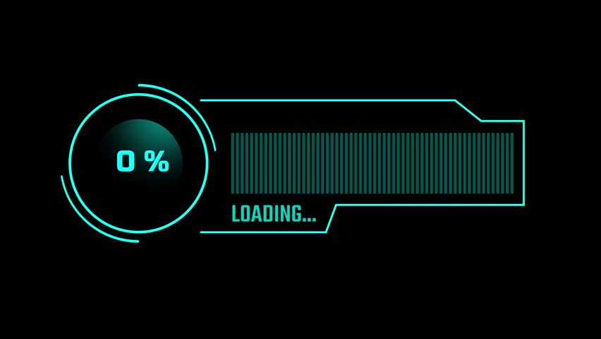 This circular tech-themed loading animation features glowing cyan accents and digital text for futuristic loading or progress indicators in applications