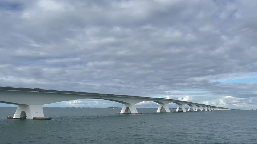 Traffic over the Zeeland Bridge. Zierikzee, The Netherlands.