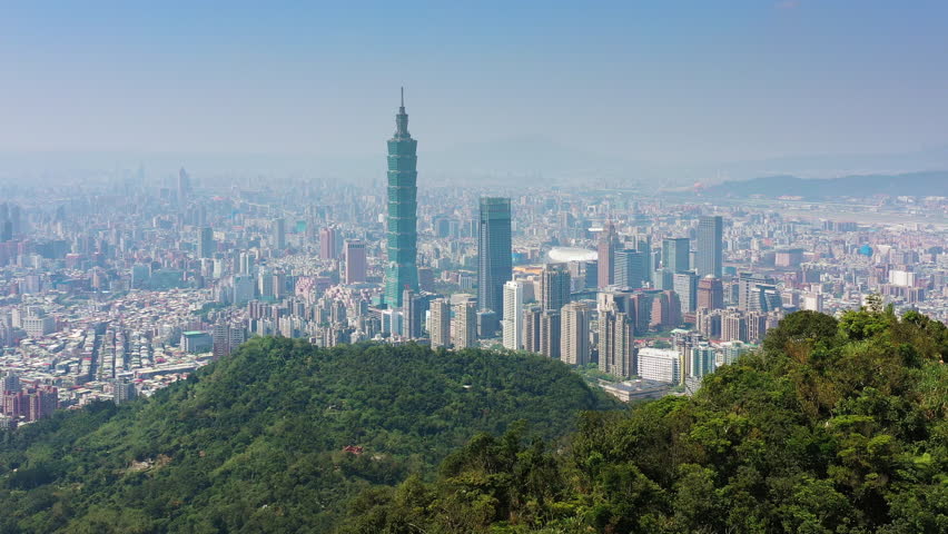 sunny day taipei city downtown famous skyscraper tower district aerial panorama 4k taiwan