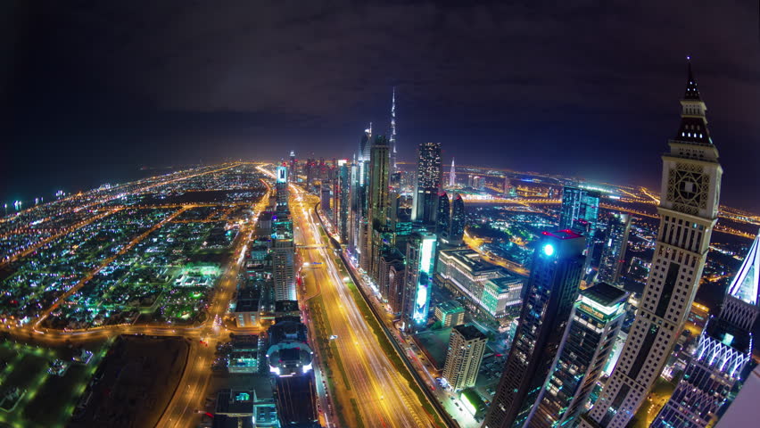 night light dubai city main traffic road roof top panorama 4k timelapse uae