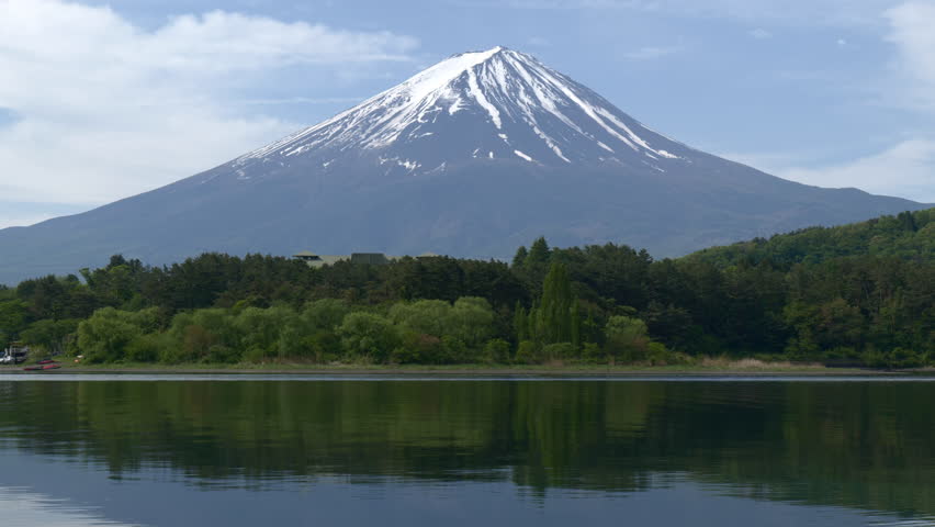 Mount Fuji Reflected in Lake Kawaguchi over Green Forest on a Sunny Spring Day (ZOOM OUT)