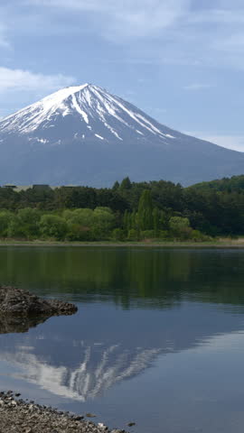 Mount Fuji Reflected in Lake Kawaguchi over Green Forest on a Sunny Spring Day (Vertical | PANNING)