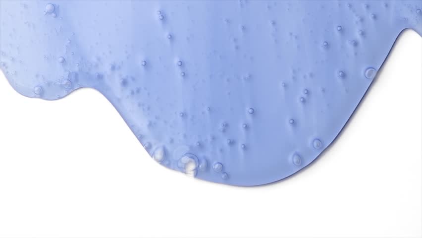 Shampoo violet liquid gel flowing, shower fluid gel, isolated on white background, dripping shampoo texture on white, body care cosmetic, texture of liquid washing gel, soap backdrop, flat lay