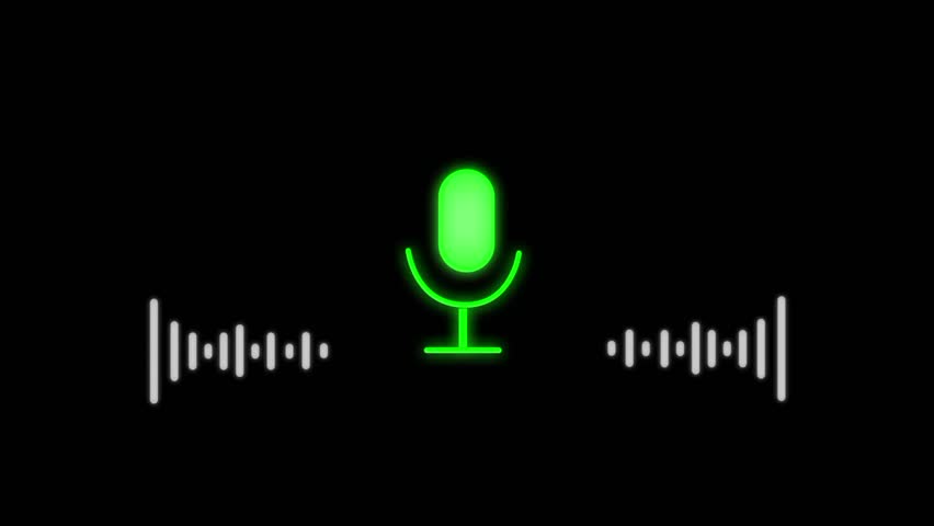 Glowing green microphone icon with sound wave animation on a black background. Podcast recording Audio Icon with Microphone and Wave Form of Sound or Music. Sound wave animation. - Powered by Shutterstock - Get 15% off with code: PIKWIZARD15