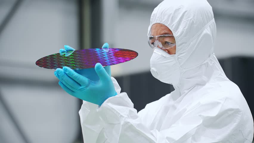 A male worker in a dustproof suit inspecting silicon wafers in a semiconductor factory
