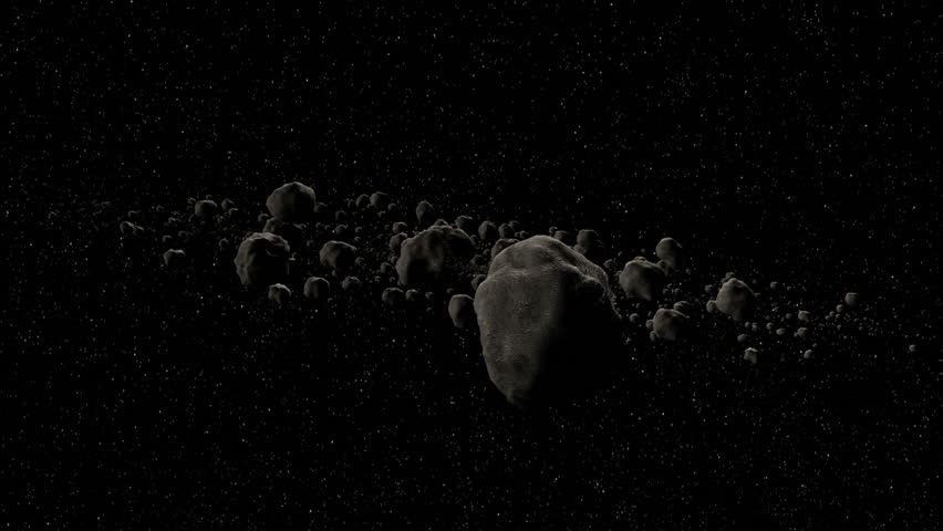 Asteroid field fly through on starry background.