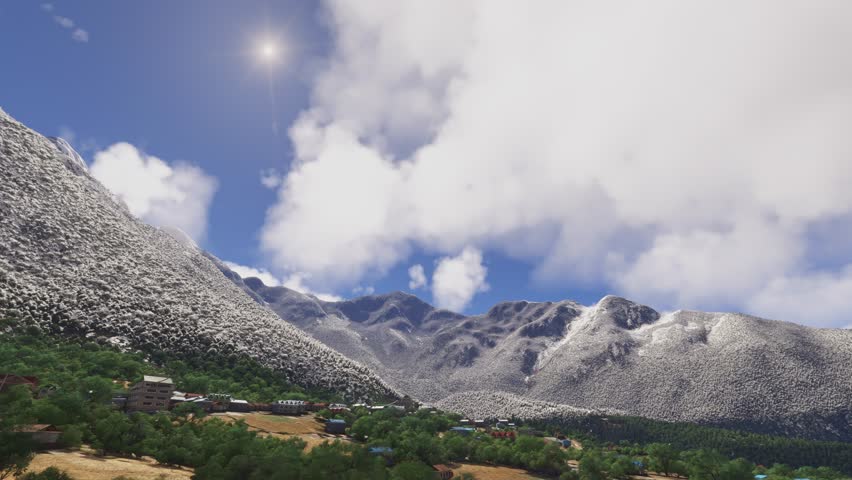 3D - Circular aerial view of the snow at Lukla in Chaurikharka. Nepal