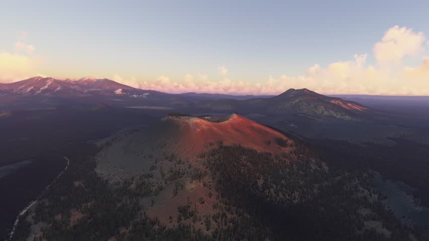 3D - Circular aerial drone shot of Flagstaff. Sunset Crater Volcano National Monument. Arizona. United States