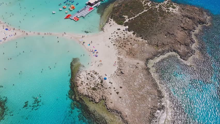 Aerial view of Nissi Beach in Ayia Napa, Cyprus, showing turquoise waters, blue umbrellas, water sports, modern resorts, and lush greenery.