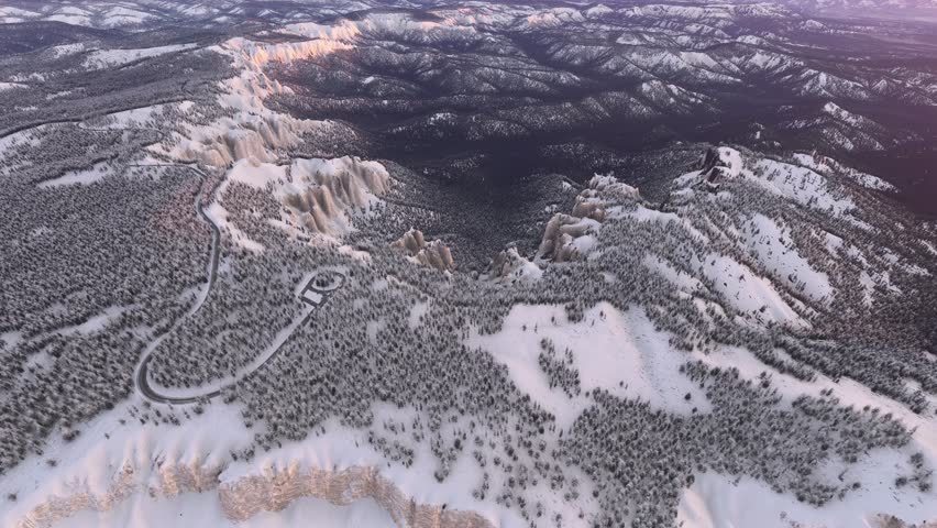 3D - Top aerial drone view of the snow in Rainbow Point. Bryce Canyon. Utah. United States
