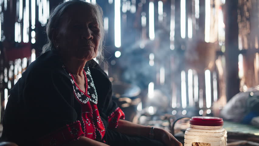Asian Lahu Tribe Woman in Traditional Dress Sitting in Her Humble Wooden Huts