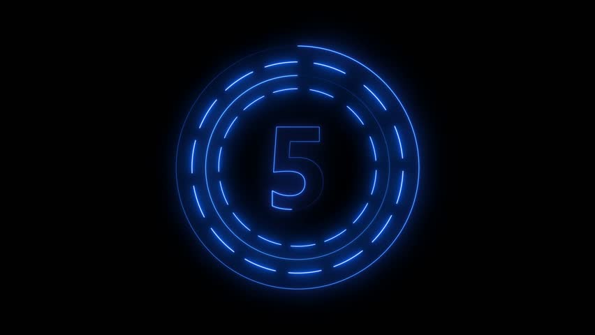 Glowing neon circle 5 seconds countdown animation.Top five countdown animation text ,neon light numbers from 5 to 0.neon text 5 to 0 with interesting circle animation