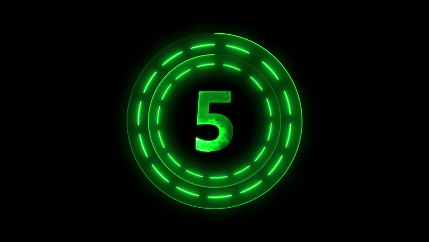 Glowing neon circle 5 seconds countdown animation.Top five countdown animation text ,neon light numbers from 5 to 0.neon text 5 to 0 with interesting circle animation
