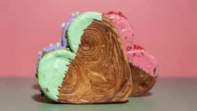 Stop motion Isometric style greeting card Valentine's Day Delicious fresh croissant topped with colorful flavor Ganache. Creation unique heart shape bakery. Puff pastry holiday love gift present - Powered by Shutterstock - Get 15% off with code: PIKWIZARD15