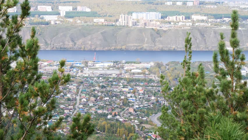 The pine trees on the top of the mountain sway in the wind. In the distance are city buildings and a river under a pale cloudy sky.