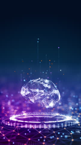 Motion graphic of Futuristic vertical video of glowing digital brain with tech particles