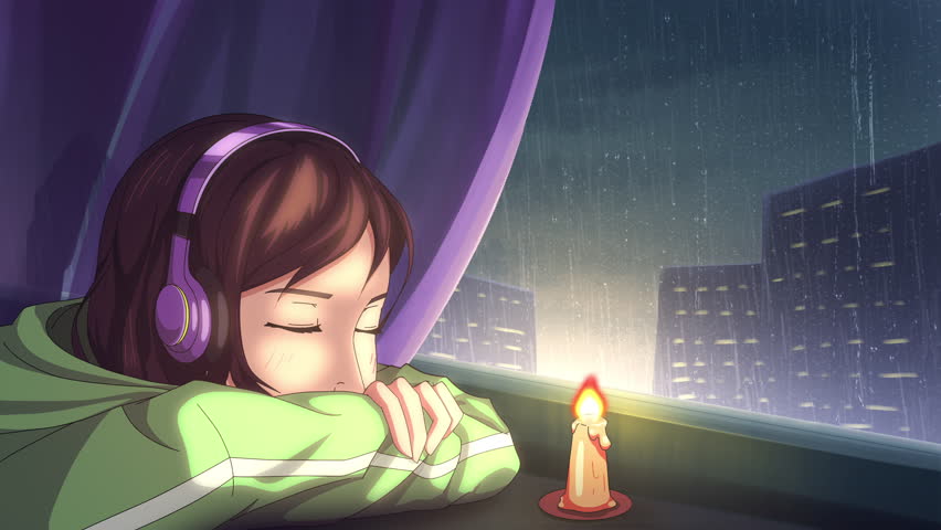 Anime girl listening to music in wireless headphones while sitting near the window in the rainy season, with a burning candle beside her. Lofi animation loop, 4K seamless