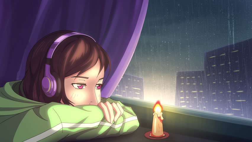 Girl listening to music in wireless headphones while sitting near the window with a burning candle in rainy weather. Lofi animation loop, 4K seamless.