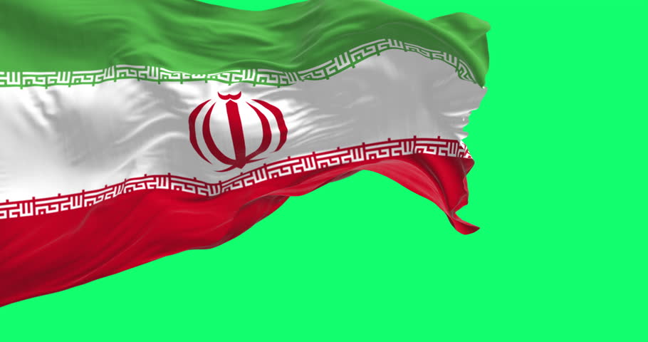 National flag of Iran waving in the wind isolated on green background. Seamless 3D render animation. Chroma key. Slow motion loop. Green screen. 4K.