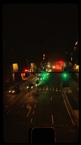 Timelapse of city traffic in evening with mist and halation, glowing lights and motion blur, vintage stop motion style with film sprocket