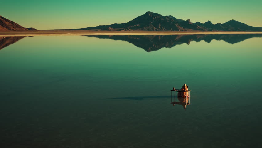 Drone captures woman in pink gown sitting at a desk on a serene lake